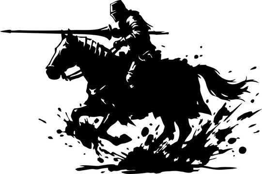Medieval Knight Jousting Silhouette. Ink Splatter Vector for Year of the Horse 2026