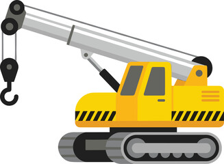 Crawler crane illustration, tracked hydraulic lifting machine with hook, heavy construction equipment icon isolated on white background vector