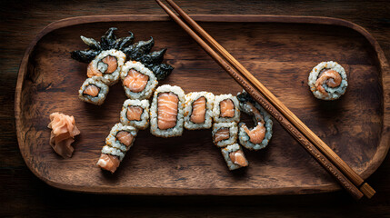 Festive sushi set laid out in the shape of a horse symbol of the year on a wooden stand as a concept of a festive dish for the new year