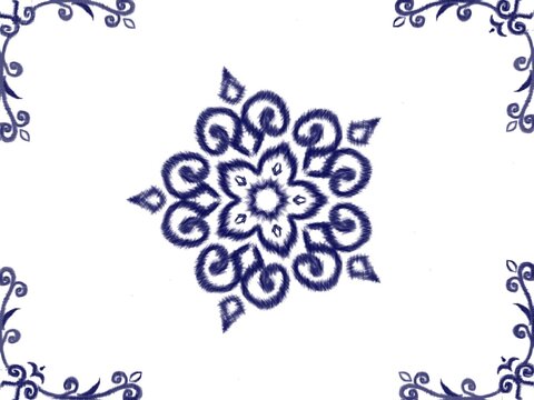 Blue Ikat Style Mandala Floral Ornament with Traditional Ethnic Borders 