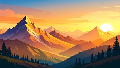 A vibrant sunset bathes jagged mountain peaks in warm light, illuminating a valley with evergreen forests. The sun sets on a clear horizon