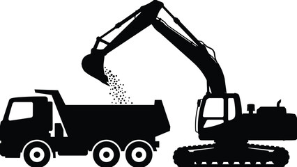 Excavator, loading, dump, truck, silhouettes, construction, machinery, earthmoving, heavy, equipment, mining, industry, transport, worksite, vector, illustration, set, isolated, white © Its me...