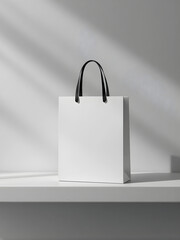 Minimalist white shopping bag with black handles, placed on a clean white surface with soft shadows. Perfect for retail, branding, and packaging design concepts.