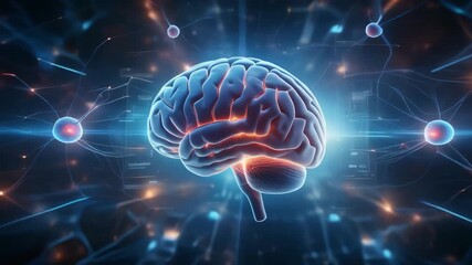 Digital representation of a human brain surrounded by a futuristic network, symbolizing artificial intelligence, neuroscience, and advanced technology development - Powered by Adobe