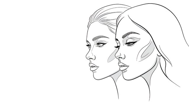 Elegant line art comparison of beautiful female faces side by side,