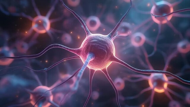 Abstract visualization of a neural network, depicting interconnected neurons with glowing synapses, representing the complex biological processes of the brain and nervous system