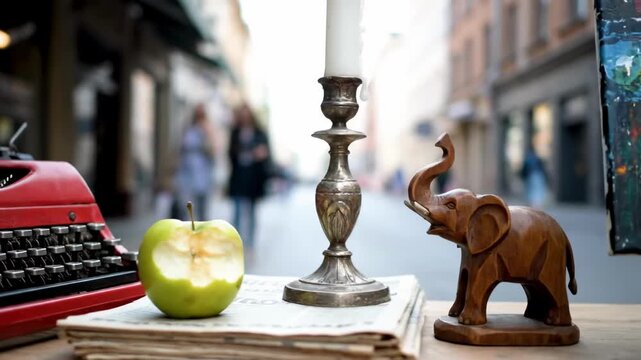 Red vintage typewriter with bitten green apple and wooden elephant on outdoor table