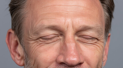 Close up portrait middle aged man closed eyes deep wrinkles facial lines natural skin texture mature male light complexion relaxed expression aging face studio background
