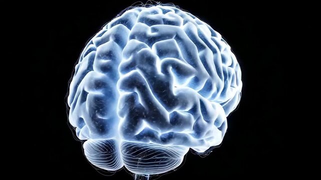 A highly detailed and realistic digital illustration of a human brain with a glowing blue effect on a black background