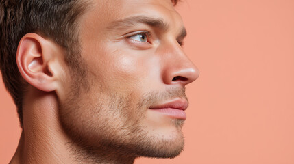 Obraz premium Handsome face in profile close up smooth gradient skin tone, young adult male with blue eyes and light stubble, healthy complexion, peach background, confident expression