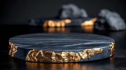 Luxury dark marble podium with golden veins and warm lighting for premium product display and elegant presentation showcase.