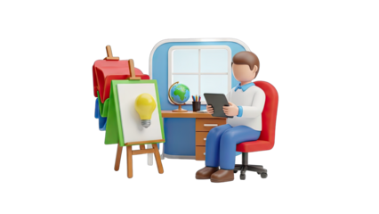 3D Cartoon Man Working with Tablet in Creative Office