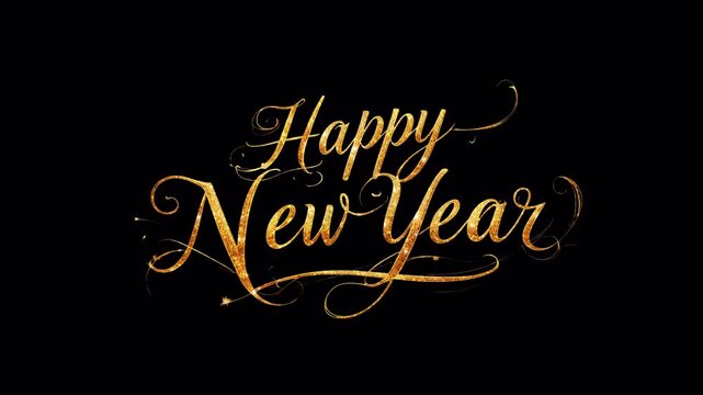 Elegant Happy New Year text animated video with golden glitter calligraphy. Festive and luxurious title for celebrations, holidays, and events. This clip features a transparent background.