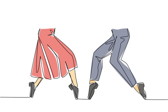 Single continuous line drawing 2 pairs of feet wearing tap dance shoes and their feet posing. Stunning performance. Rhythmic. Elegant. National Tap Dance Day. One line design vector illustration