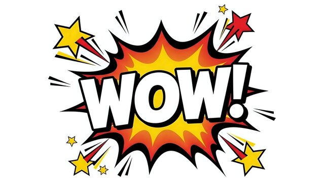 Comic book style WOW exclamation burst with colorful explosion, stars and action lines on white background for pop art designs and promotional materials.
