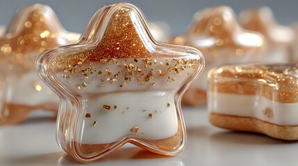 Star-shaped glass ornament filled with golden glitter and sparkles creates magical holiday decoration for Christmas celebrations and festive displays.