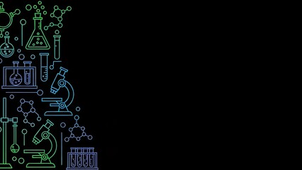 Obraz premium Science laboratory equipment and chemistry symbols in neon green and blue outline style on black background for educational and research presentations.