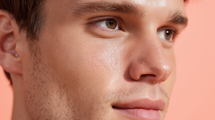 Fototapeta premium Close up male face with glass skin soft reflections clear pores smooth complexion natural look healthy skin youthful appearance subtle smile peach background relaxed mood