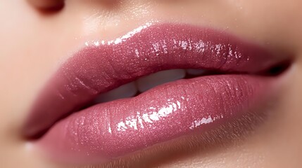 Close-up of woman's glossy pink lips with shimmering lipstick and smooth skin texture for beauty and cosmetics advertising campaigns.