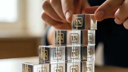 Hand placing wooden blocks with percentage symbols in pyramid formation representing financial growth and interest rate concepts for business planning.