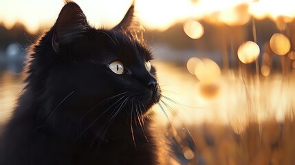 Black cat portrait at golden hour sunset with warm bokeh lights reflecting on water in background creating dreamy atmospheric mood for pet photography.