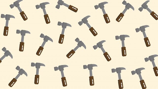 Pattern of Hammers with Wooden Handles on Light Background, Repetitive Tool Illustration, Flat Design, Top View, Concept of Construction and Craftsmanship