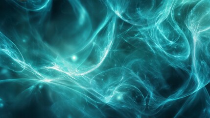 Obraz premium Abstract, swirling teal and turquoise smoky shapes with glowing light particles in a dark background