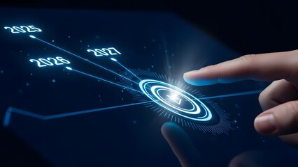 A hand interacting with a futuristic digital interface with glowing blue lines and binary code