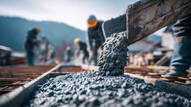 Workers mix concrete on a construction site in the mountains in daylight with a clear sky and scenic background