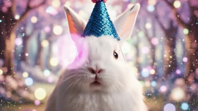 Adorable bunny wearing a sparkly party hat, ready for fun and celebration in a whimsical forest setting with bokeh lights, perfect for Easter promotions