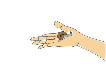 Obraz premium Single continuous line drawing snail walking on the palm of the hand. The charm of good people. Moving to natural habitat to breed. Natural. National Snail Day. One line design vector illustration