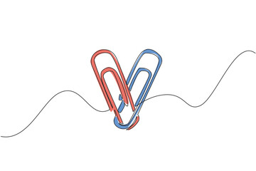Single continuous line drawing paper clip shaped into a heart. Office needs when want to stick paper without glue. Does not damage paper. National Paperclip Day. One line design vector illustration