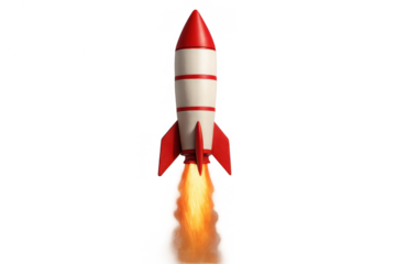Rocket launching upwards with flames, symbolizing business startup success, growth, innovation, and breaking new barriers