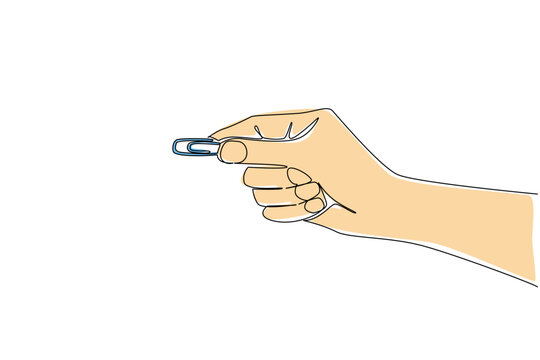 Single continuous line drawing hand holding a paper clip. Take as needed. Glue work documents without damaging the paper. Tool. Equipment. National Paperclip Day. One line design vector illustration