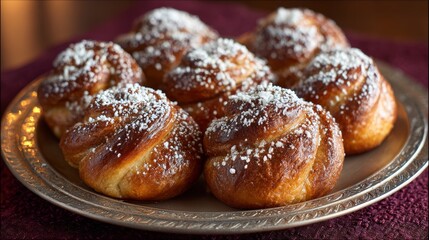 Freshly baked sweet rolls served on a decorative plate during a gathering in a cozy kitchen