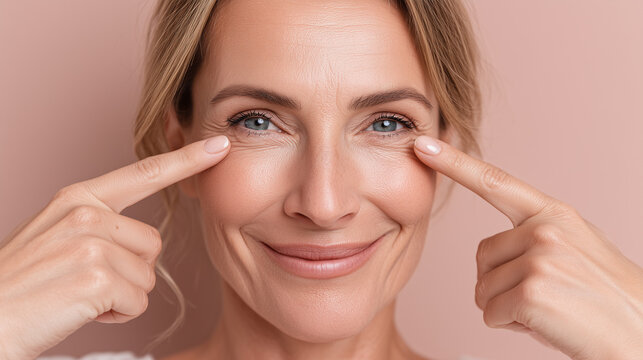 Smiling middle aged woman with clear skin gently touching under eyes, showing natural beauty, healthy complexion, and subtle wrinkles, soft lighting, beige background
