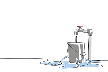 Single continuous line drawing water leaks out of a bucket with holes filled with taps and puddles. Neglect becomes waste. Broken. National Hole In My Bucket Day. One line design vector illustration © Simple Line