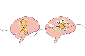 Single one line drawing multiple sclerosis nerves in left brain and campaign ribbons in right brain. Cerebral palsy. Disease. World Multiple Sclerosis Day. Continuous line design graphic illustration