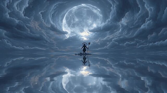 Shiva Silhouette Under Full Moon Mystical Blue Stormy Night