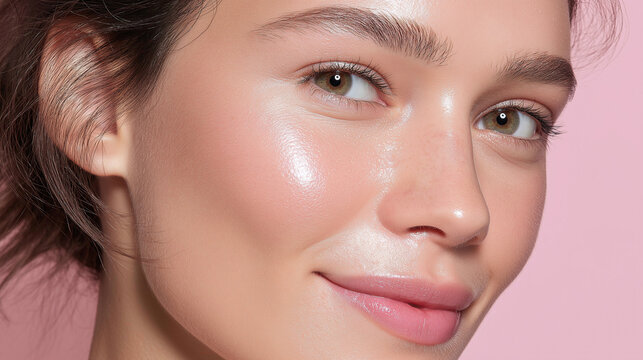 Sun kissed luminous skin texture natural makeup glowing complexion healthy face smooth cheek radiant beauty low contrast lighting soft pink background youthful appearance fresh look