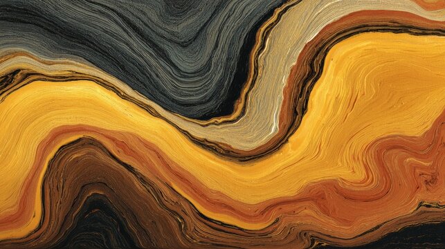 Swirling patterns of yellow, brown, and black move across a surface in an abstract design created by paint or ink