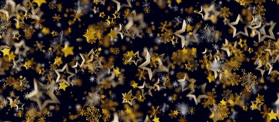 Festive abstract background featuring gold stars and snowflakes floating against a dark backdrop. Perfect for holiday th © vegefox.com