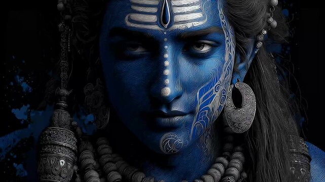 Intense Portrait of Lord Shiva Blue Skin Artwork Mahashivratri Theme
