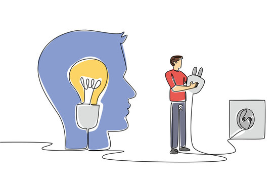 Continuous one line drawing a man stands in front of silhouette of head holds cable and plugs into socket. Strengthen memory. National Creativity Day. Single line draw design vector illustration - Powered by Adobe
