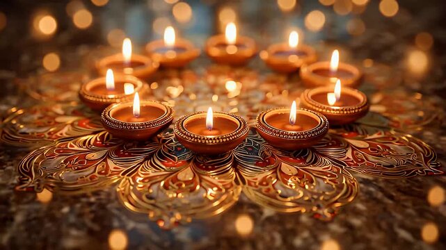 Traditional Indian Diya Lamps Glowing on Ornate Pattern Background