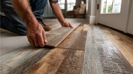 Installing wood flooring in a modern home during the day with natural light streaming in through the windows