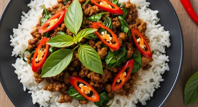 Authentic Thai Basil Chicken (Pad Krapow Gai) served over white jasmine rice, garnished with fresh chili slices.