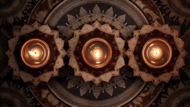 Trio of Ornate Diyas Lamps Glowing Against Intricate Indian Mandala Pattern