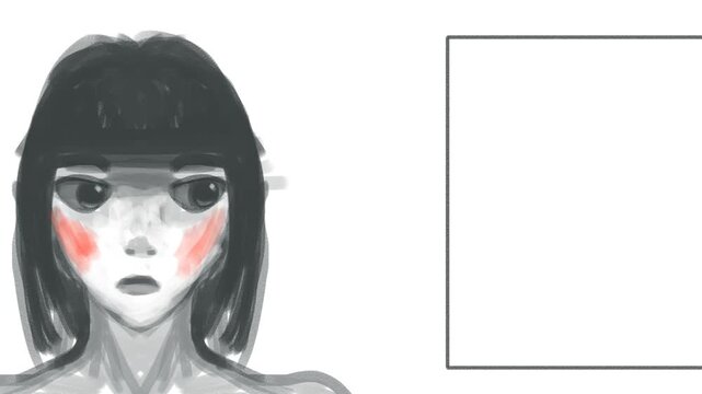 A girl or female character, flushed with shyness, is speaking or telling something. There's a frame next to it for inserting information.