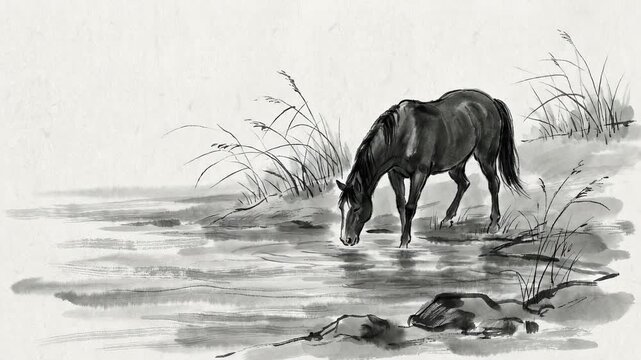 Horse drinking water from a pond in multiple frames shown in traditional ink wash style for Chinese New Year greeting card